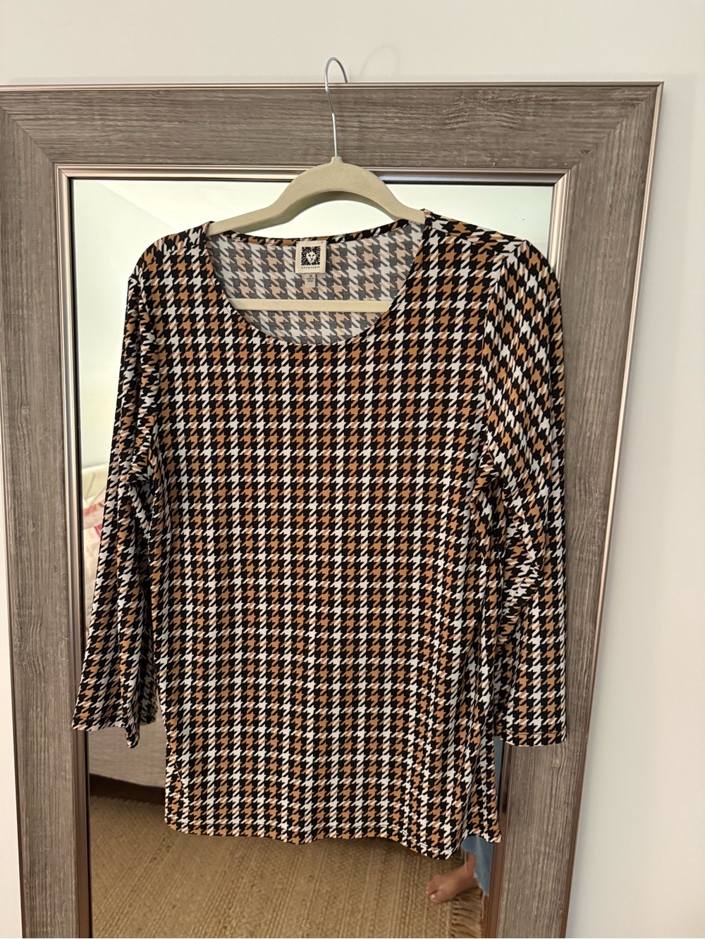 Anne Klein Womens Houndstooth Scoop Neck Top - Black, White & Tan